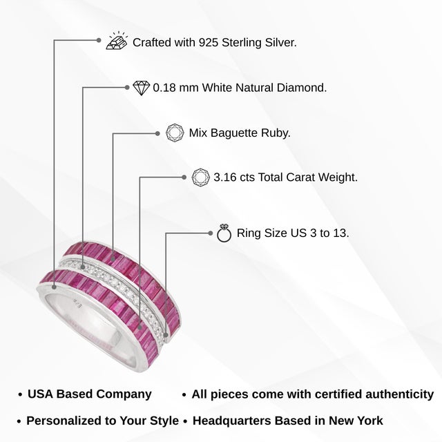 Art Deco Baguette Cut 3.16 Ct Ruby & Diamond Wide Anniversary Band Ring, Size 7 For Sale - Image 12 of 14