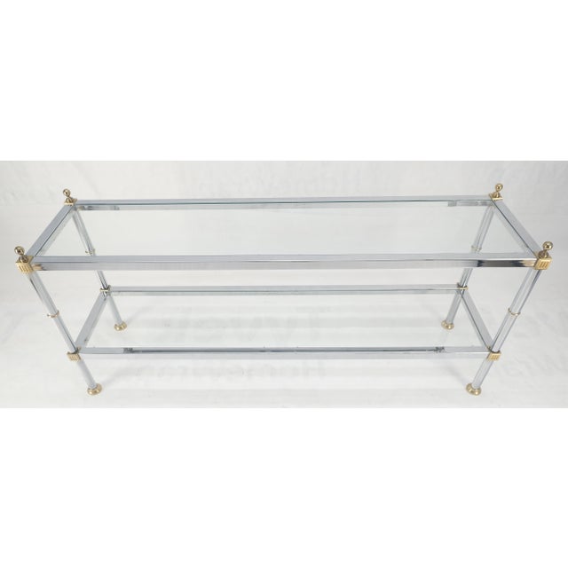 Mid-Century Modern Two Tier Italian Glass Shelve Chrome 7 Brass 60" Console Sofa Table Finials MINT For Sale - Image 3 of 12