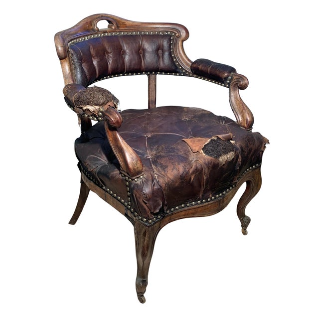 Metal Antique Victorian Brown Leather Chair For Sale - Image 7 of 10