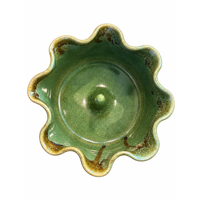Transitional Signed Studio Pottery Apple Baker With Ruffled Rim in Moss Green For Sale - Image 3 of 3
