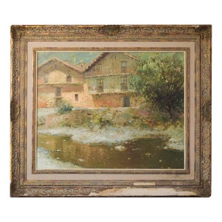 Palau Junca, Impressionist Painting with River and Chalets, Oil on Canvas, Framed For Sale