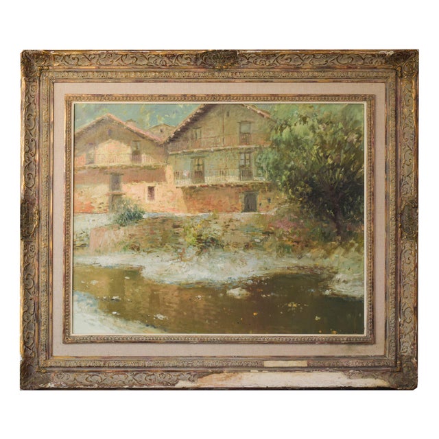 Palau Junca, Impressionist Painting with River and Chalets, Oil on Canvas, Framed For Sale