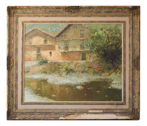 Palau Junca, Impressionist Painting with River and Chalets, Oil on Canvas, Framed