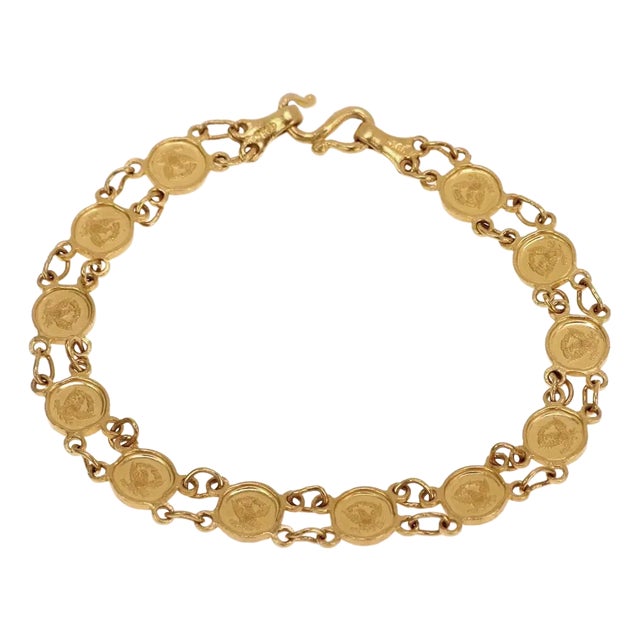 24k Yellow Gold Queen's Head Mini Coin Link Bracelet For Sale