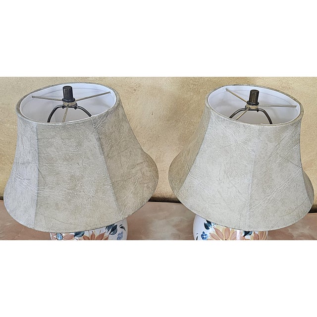 Contemporary Hand‑Painted Floral Ceramic Lamps W/ Faux Leather Shades – Pair For Sale - Image 4 of 18
