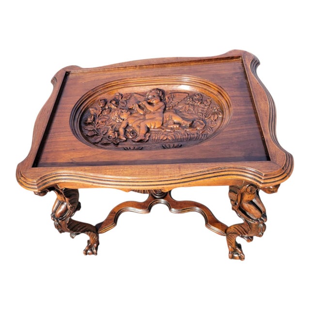 1920 Ornate Carved Angel Display Table With Glass Top and Sculptural Legs For Sale - Image 13 of 18