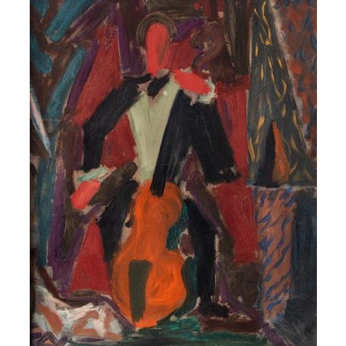 A 1948 oil painting on canvas by Swiss painter Fernand Dubuis (1908–1991). The composition depicts a cellist in tuxedo and...