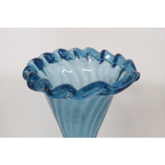 Mexican Small Aqua Blue Vase Mexican Hand Blown Art Glass With Fluted Ruffle Rim 4742b For Sale - Image 3 of 14