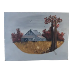 Vintage Original Folk Art Rustic Landscape with Barn Oil Painting on Canvas Signed Pat'83