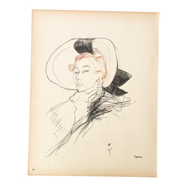 1949 Authentic Vintage Mid-Century Hat Fashion Print by Rene Gruau, Not Framed, Not Matted For Sale