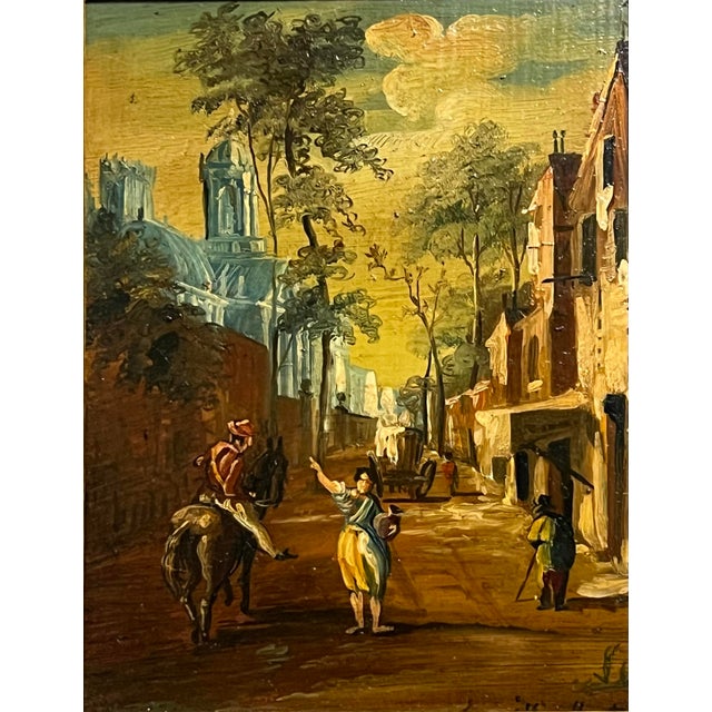 Original oil painting on board of a 19th century European village scene in a deep, ornately carved giltwood frame by Dutch...