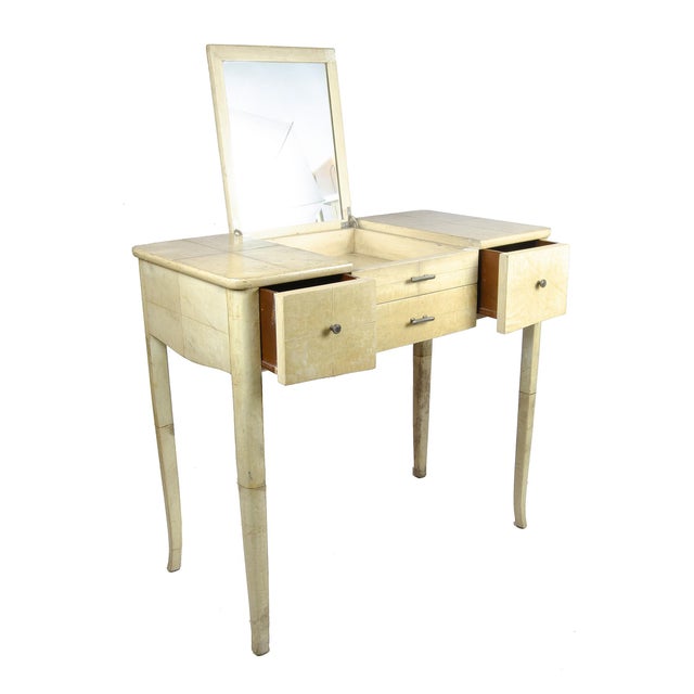 Wood 1930s Scandinavian Modern Parchment-Covered Wood Convertible Vanity Table/Poudreuse With Lift-Top Mirror by Nordiska Kompaniet, Sweden For Sale - Image 7 of 11