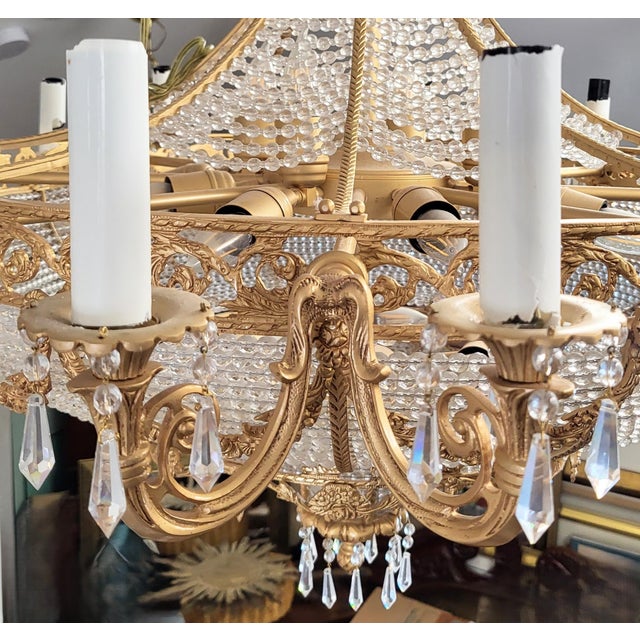 Vintage French Style Bronze & Crystal Basket Chandelier For Sale - Image 12 of 18