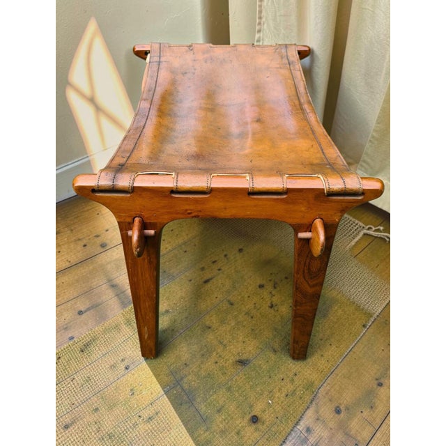 Vintage Stool in Natural Leather and Wood by M. Hayat & Bros., 1960s For Sale - Image 6 of 11