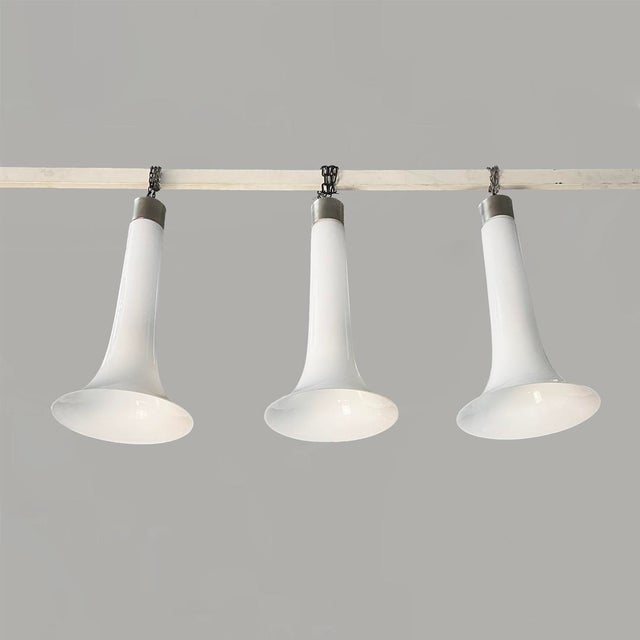 1970s Italian Modern Chandeliers in White Opaline Glass and Metal, 1970s, Set of 3 For Sale - Image 5 of 11