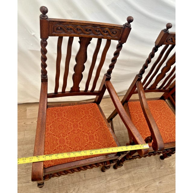 Pair of Antique Jacobean Revival Barley Twist Oak Armchairs Rust & Gold Damask For Sale - Image 11 of 13