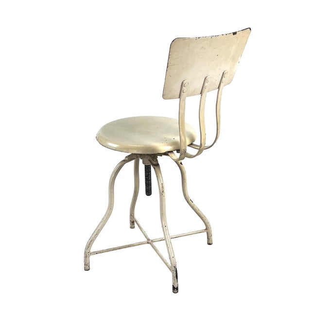 1920s Antique 1920s Industrial Adjustable Off-White Enameled Steel Operating Room Medical Metal Stool Chair With Contoured Back For Sale - Image 5 of 10