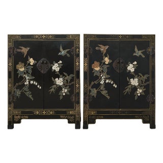 Pair of Chinese Export Lacquered Flora Fauna Cabinets For Sale