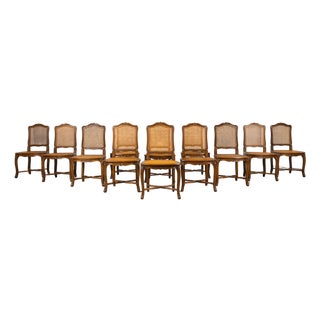 Antique French Louis XV Style Provincial Walnut Cane Dining Chairs, Set of 12 For Sale