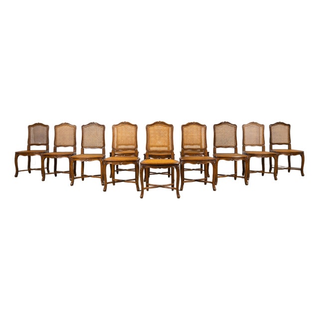 Antique French Louis XV Style Provincial Walnut Cane Dining Chairs, Set of 12 For Sale