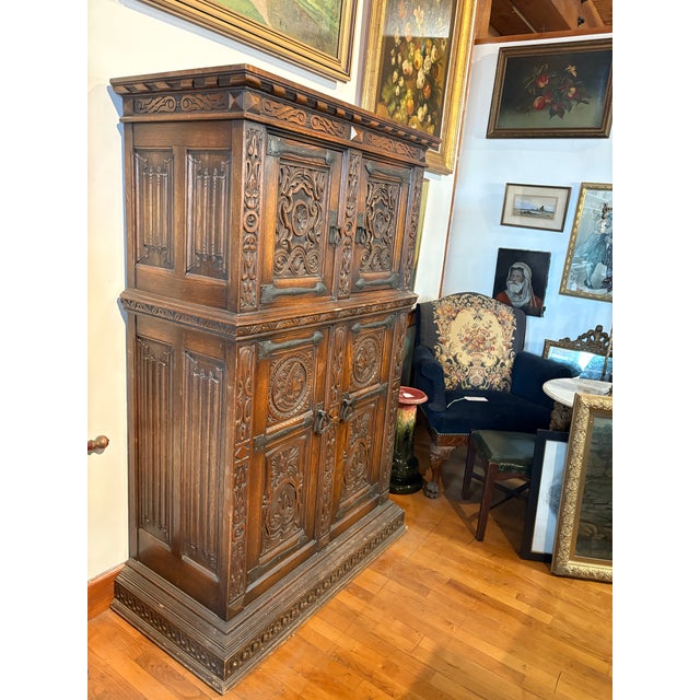Early 20th Century Early 20th Century Hand-Carved Gothic Revival Two-Tiered Cabinet With Iron Hardware For Sale - Image 5 of 16