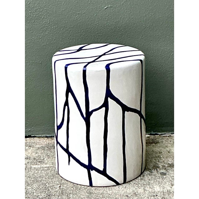 Late 20th Century Vintage Boho Glazed Ceramic Low Stool For Sale - Image 5 of 12