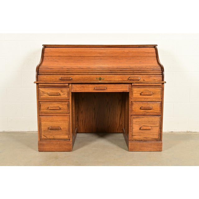 Victorian Victorian Carved Solid Oak Roll Top Desk For Sale - Image 3 of 15