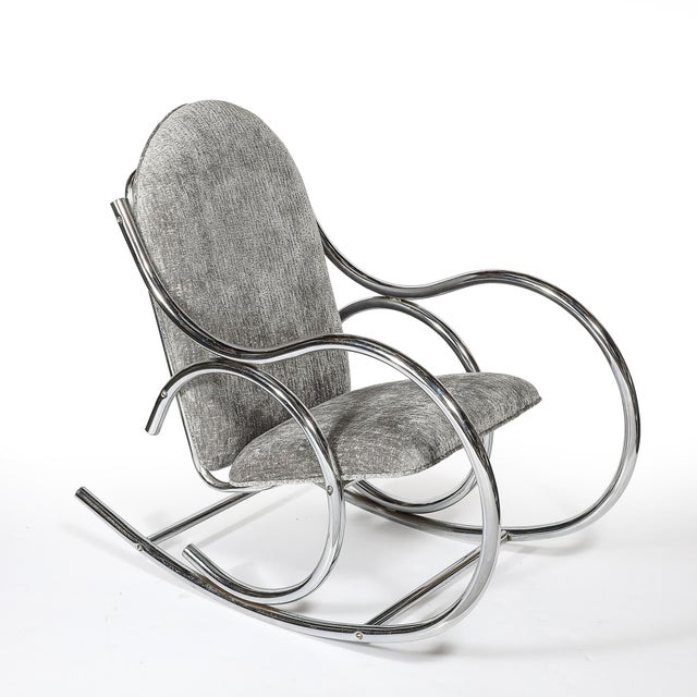 1970s Mid-Century Tubular Chrome Rocking Chair With Holly Hunt Upholstery For Sale - Image 5 of 13