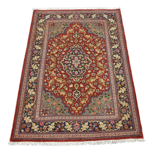 1990s Fine Qom Rug 3’9” X 5’2” Red Wool Traditional Hand-Knotted Oriental Carpet