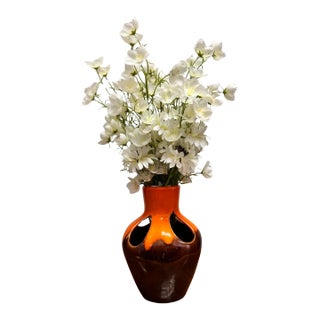 Vintage West German Fat Lava Ceramic Handkerchief Vase, Orange & Brown Drip Glaze, 1960s For Sale