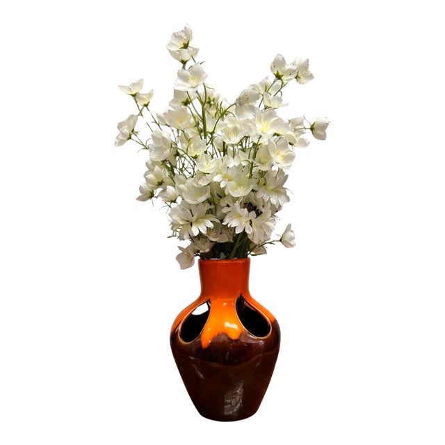 Vintage West German Fat Lava Ceramic Handkerchief Vase, Orange & Brown Drip Glaze, 1960s For Sale
