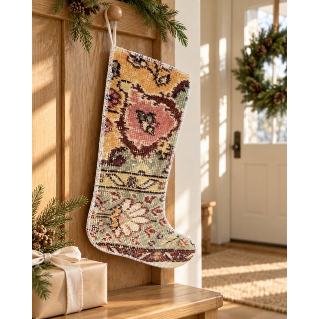 Farmhouse Vintage Turkish Hand-Knotted Wool Rug Christmas Stocking, Farmhouse Mustard Pink For Sale - Image 3 of 6
