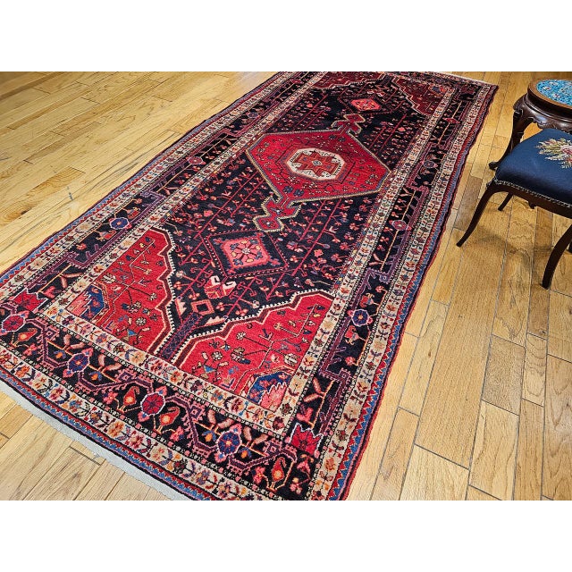 1900 - 1909 Vintage Persian Hamadan Gallery Rug, Hand-Knotted Wool, Geometric Medallion Pattern, Navy & Red, 6x12 For Sale - Image 5 of 17