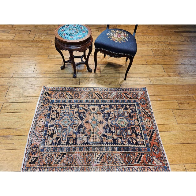 Persian Vintage Persian Heriz Karajah Rug, Hand-Knotted Wool, Geometric Pattern, Blue & Rust-Red, 3x4 For Sale - Image 3 of 14
