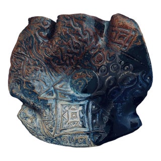 Decorative Handmade Slump / Handkerchief / Dump Ceramic Bowl Brown Blue & White For Sale