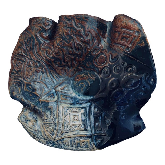 Decorative Handmade Slump / Handkerchief / Dump Ceramic Bowl Brown Blue & White For Sale