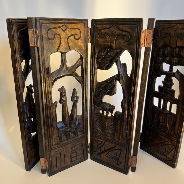 Tribal Mid 20th Century Antique Carved Wooden Folding Screen 6-Paneled Hinged Asian Artwork For Sale - Image 3 of 8