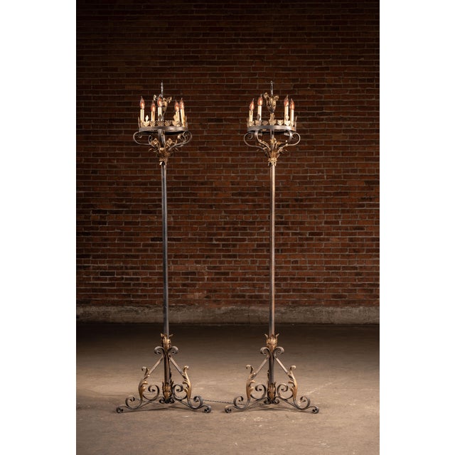 Early 20th Century Monumental Gothic Revival Wrought Iron Floor Candelabra Lamp For Sale - Image 4 of 8