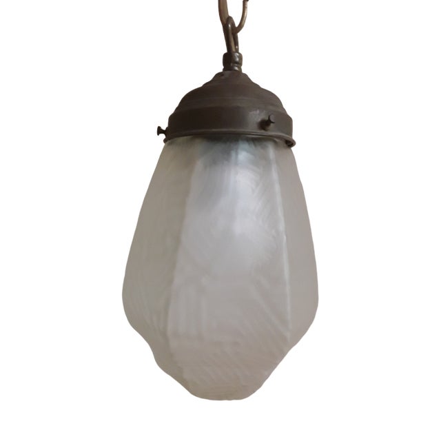 Vintage Art Deco Ceiling Lamp with Frosted Relief Glass Shade on Metal Mount, 1920s For Sale