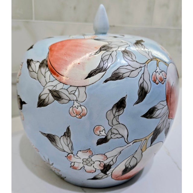 Chinoiserie Vintage 9" Chinoiserie Powder Blue Porcelain Melon Ginger Jar - Hand-Painted Longevity Peach & Blossom Motif For Sale - Image 3 of 11