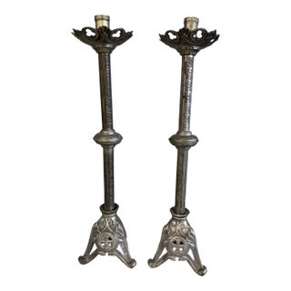 Pair of Antique Gothic Silver Plate 21" Alter Candlesticks For Sale