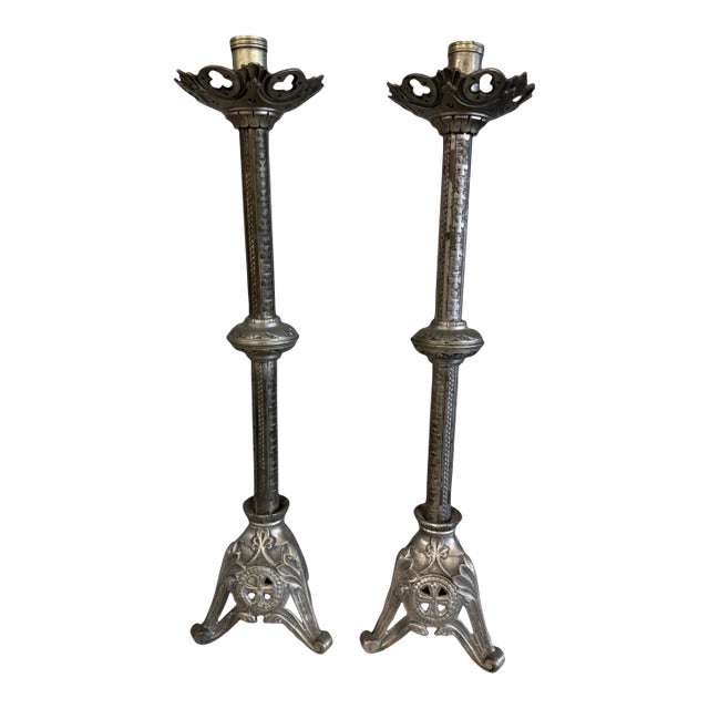 Pair of Antique Gothic Silver Plate 21" Alter Candlesticks For Sale