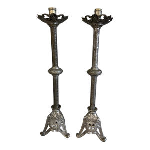 Pair of Antique Gothic Silver Plate 21" Alter Candlesticks