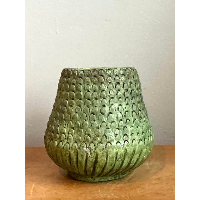 Vintage Green Textured Ceramic Vase For Sale - Image 11 of 12