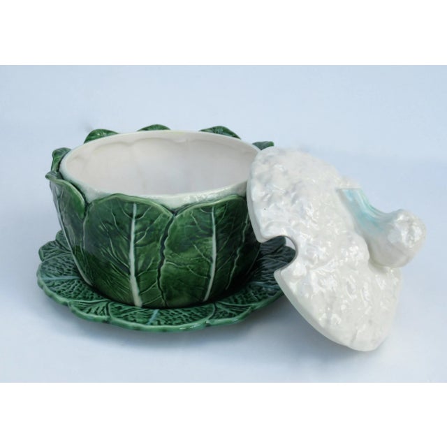 Ceramic Vintage C.1950's Porcelain Majolica Lidded Cauliflower Handled Soup Tureen With Underplate -Made in (Portugal) For Sale - Image 7 of 13