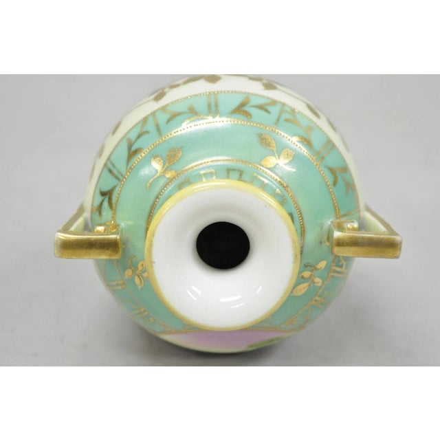 Antique Nippon Hand Painted Porcelain Windmill Scene Green Small Bolted Vase For Sale - Image 10 of 13