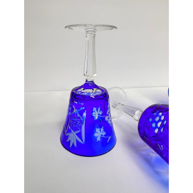 Mid 20th Century Cobalt Blue Cut to Clear Crystal Glasses- Set of 5 For Sale - Image 5 of 11
