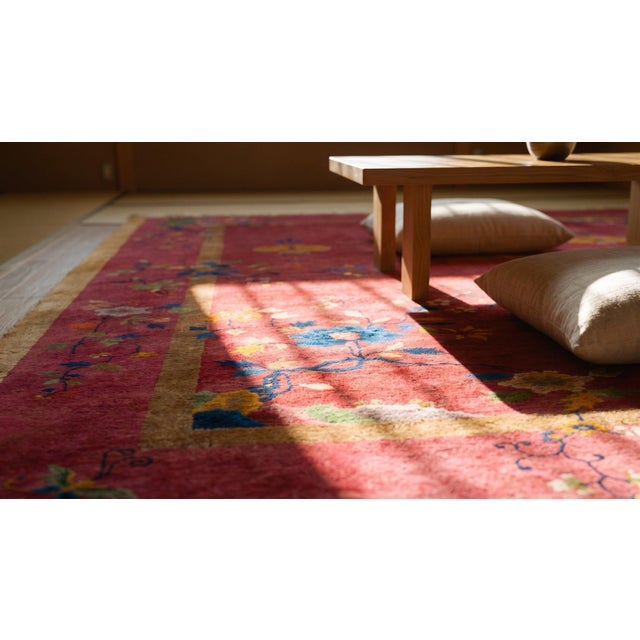 Stunning Red-Raspebery Background Color With Colorful Floral Design Antique Chinese Art Deco Rug For Sale - Image 13 of 13