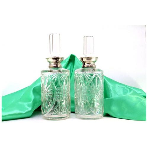 Acid-Etched Glass Liqueur Bottles with Silver Necks and Trims For Sale - Image 6 of 6