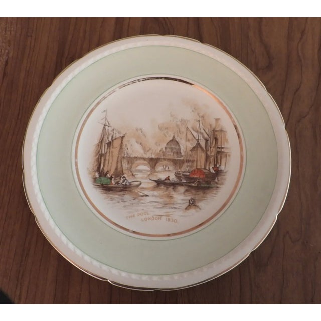 1940s Swinnertons Staffordshire London Docks 1830 Green Rim Majestic Vellum Dinner Display Plate For Sale In Monterey, CA - Image 6 of 6